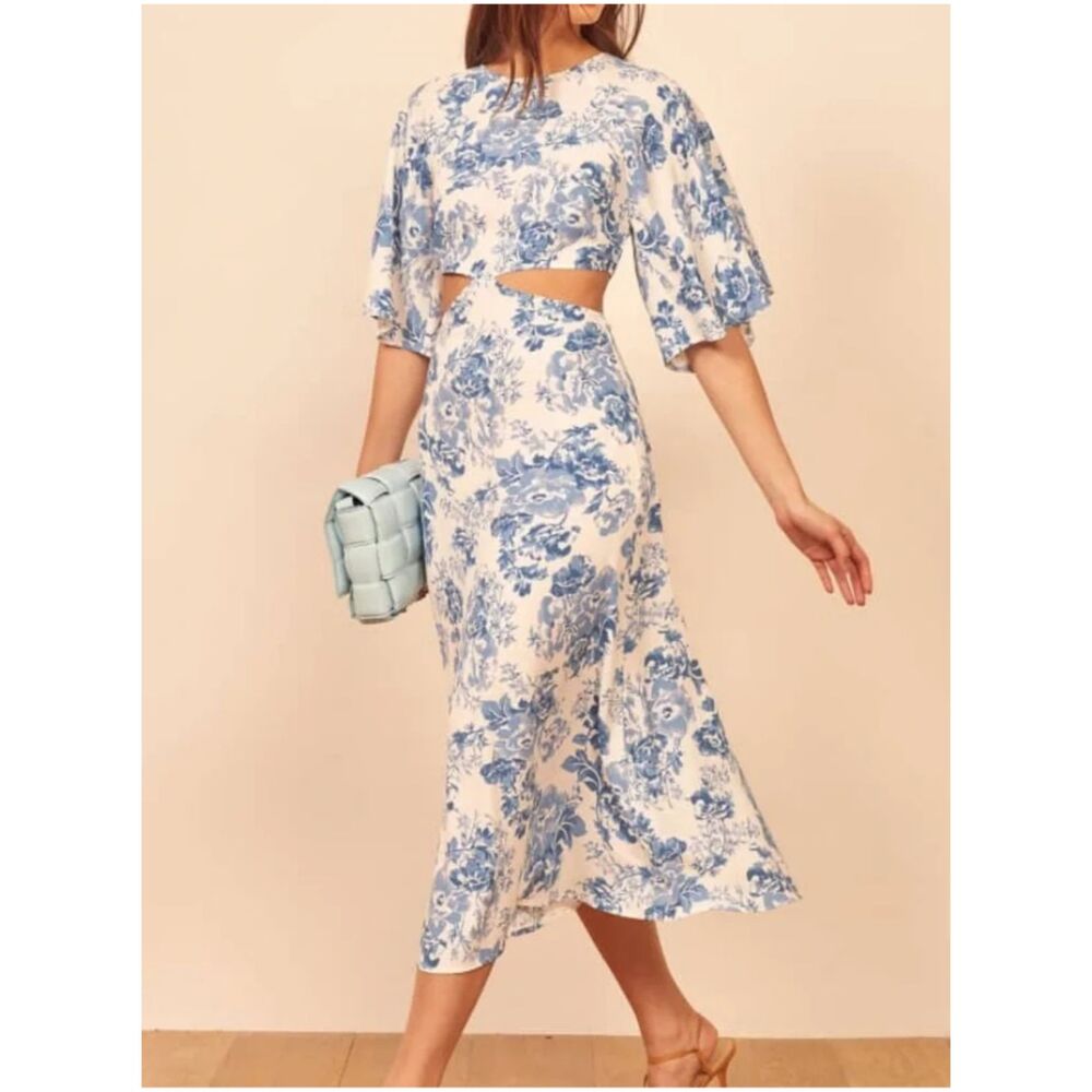Reformation Benny Dress  in Olympia Blue Floral Cutout  Crepe Midi Dress Size 6